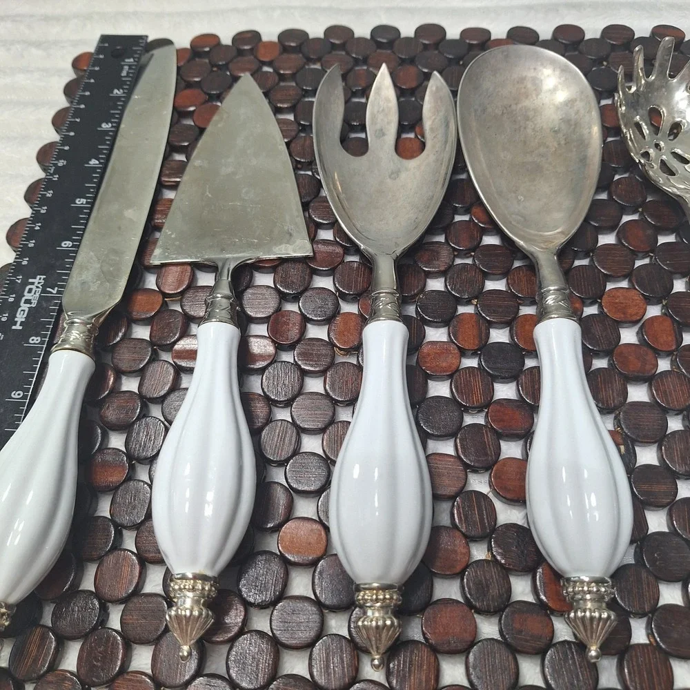 5 Pc Set Elegant Godinger Silver Plate Serving Set Porcelain Handle Victorian